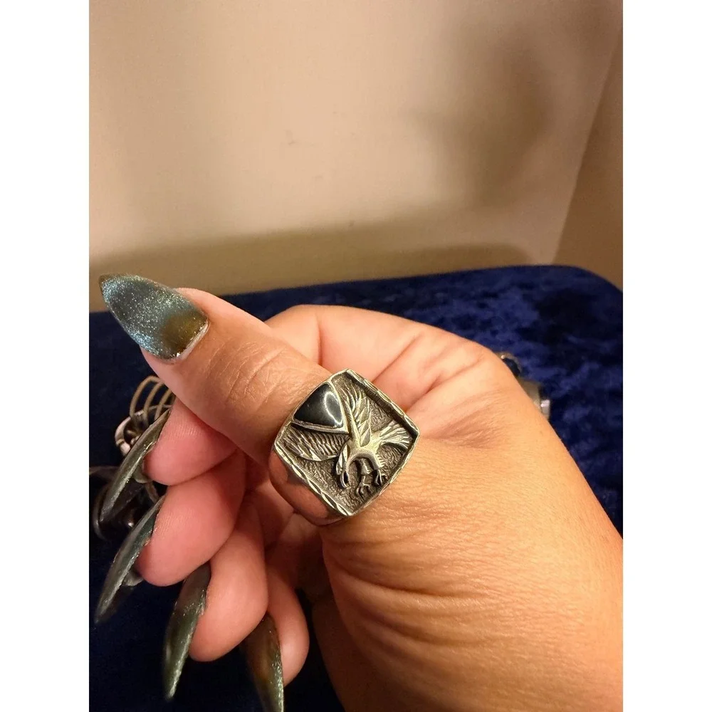 Vintage OTT Sterling Silver Eagle Signet Ring Black Onyx Inlay Mens Jewelry
